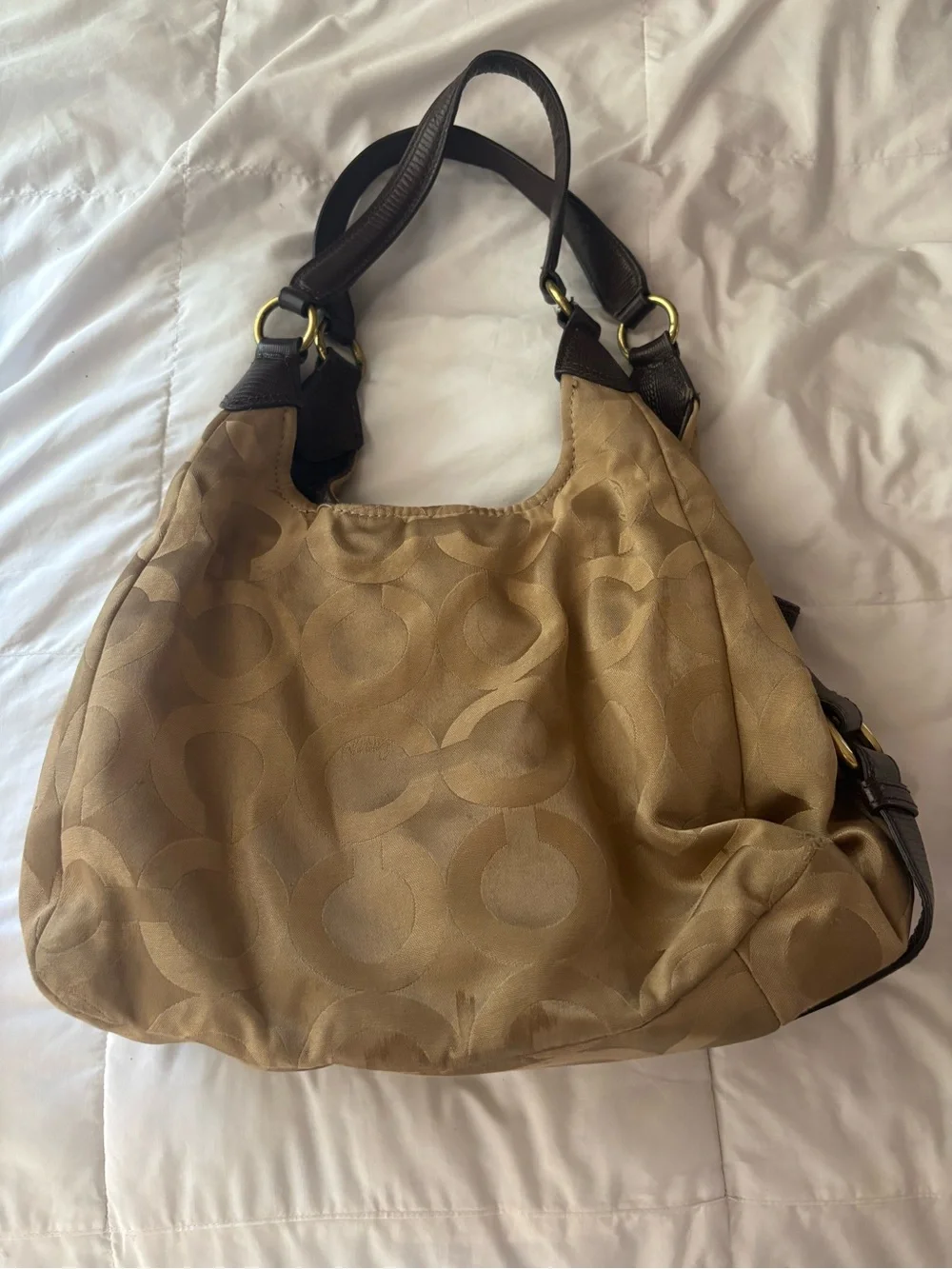 Coach Beige Signature Hobo with Dark Brown Leather Straps